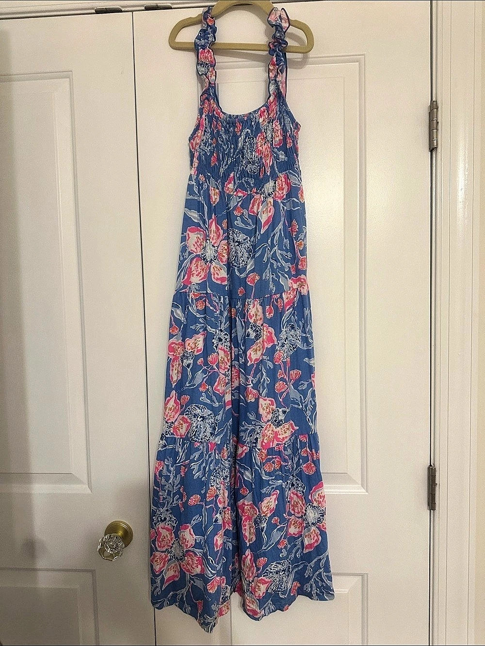 Lilly Pulitzer Athyn Smocked Maxi Dress Blue & Pink XL